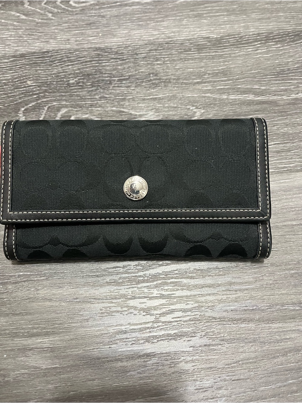 Coach Black Signature Canvas Trifold Wallet with Silver Snap